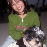 Dressing up Zendo in a dress for Halloween (9� years)